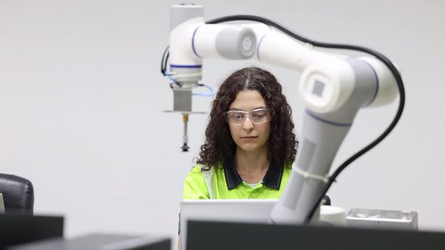 Female industrial engineer study inspection control robot arm machine in robotics engineering, Robotic learn operating, programming, troubleshooting quality control demonstrations of robotic arms. AI