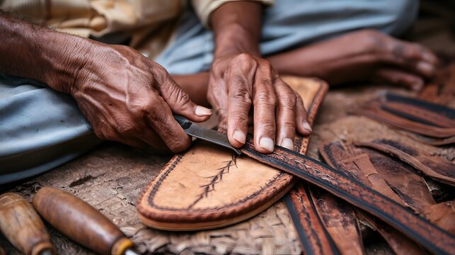 Close up of hands crafting leather sandals with a knife on a wooden surface surrounded by tools and raw material