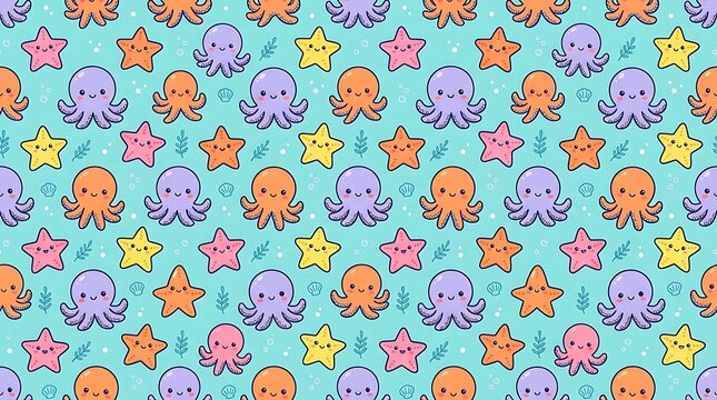 Playful octopus and starfish seamless pattern on turquoise background