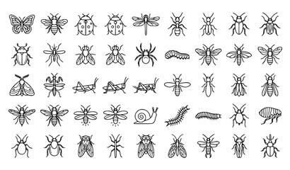 Fototapeta premium Modern Insect Linear Icon Set Featuring Garden Bugs, Pollinators, Pests, and Nature Symbols