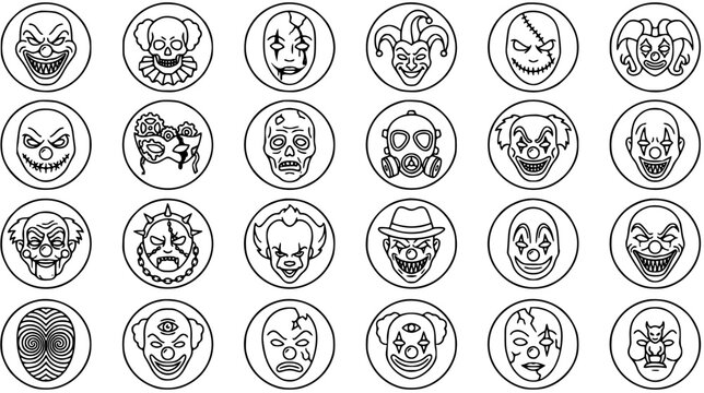 Halloween Horror Scary Clown and Monster Faces Black and White Line Art Icons Collection