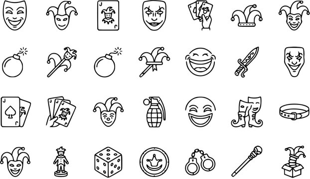 Jester, Comedy, and Crime Outline Icons. Entertainment, Gambling, and Prank Black  White Line Art Symbols Set with Joker, Bomb, Mask, and Handcuffs.