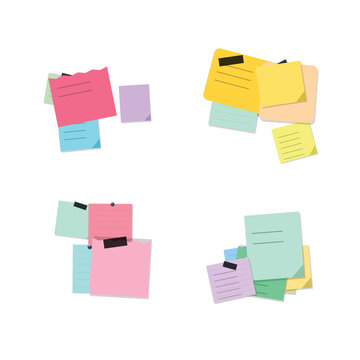 Assorted collection of adhesive sticky notes and paper memos with adhesive reminder stationery