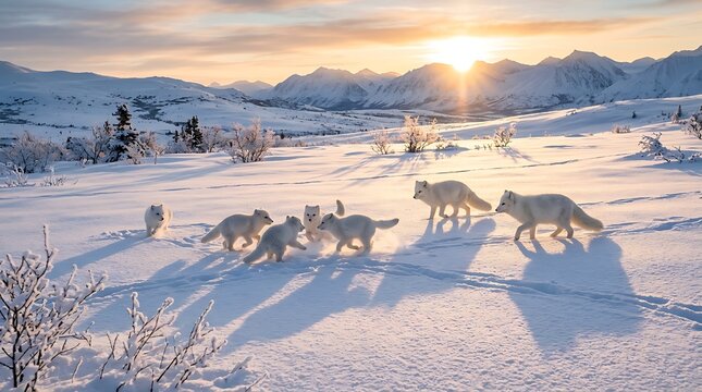 Pack of arctic foxes playing in a snowy mountain landscape at sunset