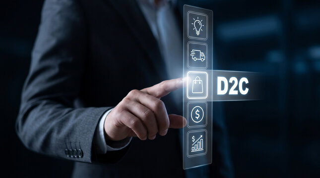 Businessman touching D2C button on digital interface. Direct to consumer marketing strategy.