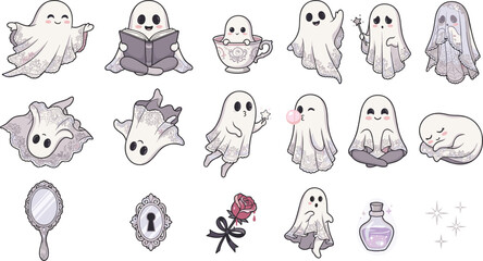 Fototapeta premium Cute pastel gothic ghost vector character set with lace sheets mirror keyhole rose potion bottle and stars isolated on white background
