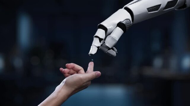 A robotic hand extends toward a human hand, highlighting the collaboration between technology and security. The background features digital icons representing data protection. Synapse