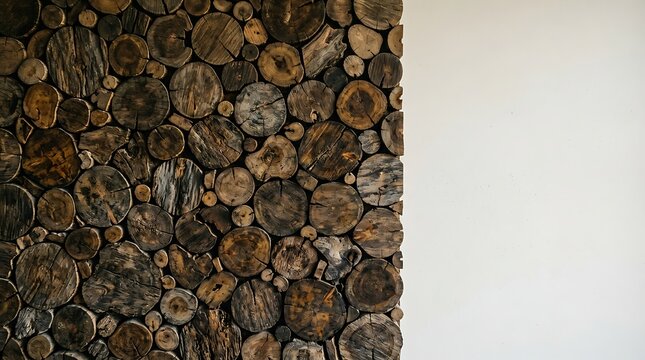 Rustic wood log slices wall next to plain white background