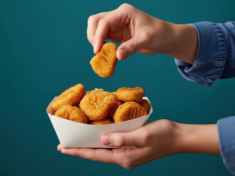 Hand holding chicken nugget from a serving container with several other nuggets white background