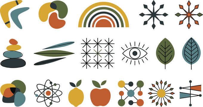 Set of abstract mid-century modern and retro boho elements featuring stacked stones rainbow evil eye atom starburst and organic shapes