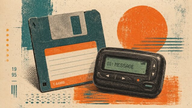 Vintage 1990s Communication Concept with Floppy Disk and Digital Pager