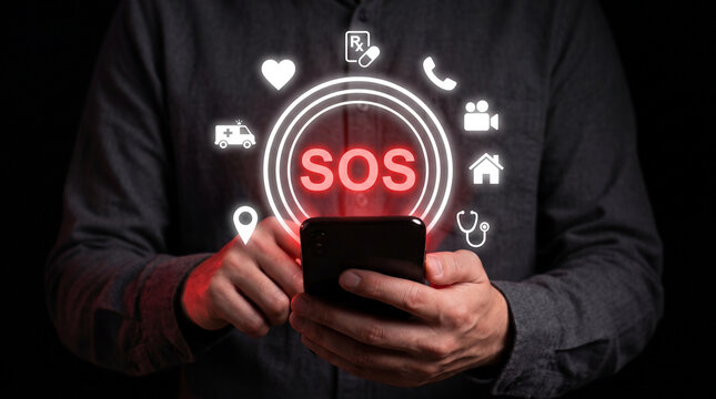 Person using SOS emergency app on smartphone. Digital safety alert system for mobile devices.