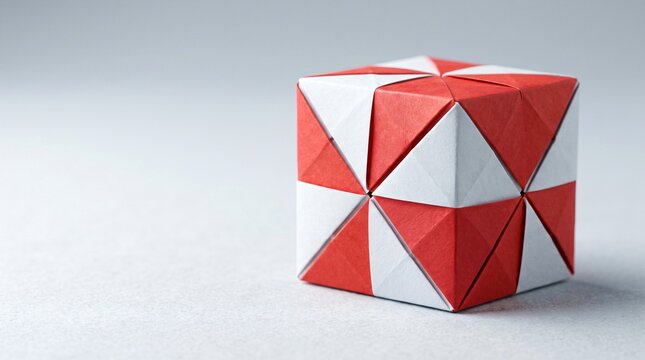 Red and white modular origami cube on a neutral gray background