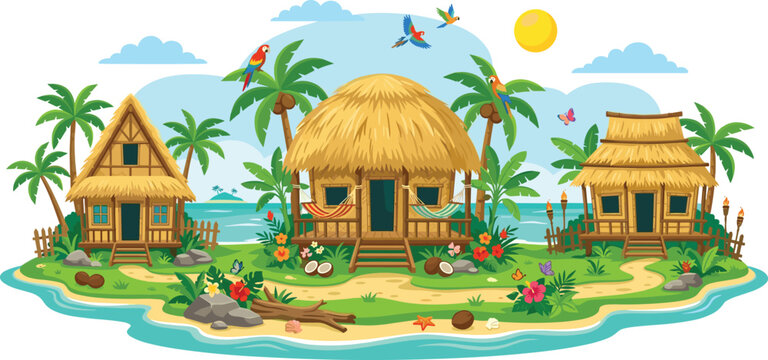 Tropical island beach resort vector illustration banner with straw thatch bungalows palm trees ocean scenery for summer vacation travel website