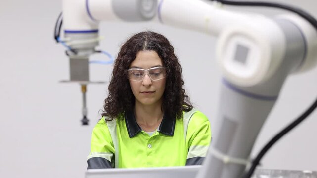 Female industrial engineer study inspection control robot arm machine in robotics engineering, Robotic learn operating, programming, troubleshooting quality control demonstrations of robotic arms. AI