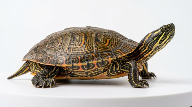 Small painted turtle facing sideways on white studio background