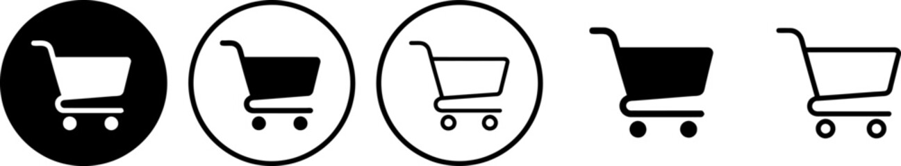 Set of black and white shopping cart icons and trolley symbols designed for e-commerce websites, retail stores, online shopping applications, and digital business interfaces. © Hasan