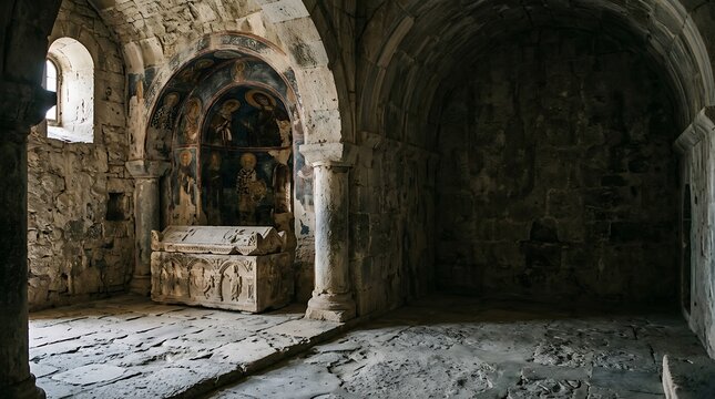 Ancient crypt interior with stone sarcophagus and religious frescoes