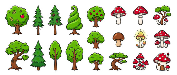 Fototapeta premium Whimsical Forest Elements: Trees and Fungi Collection