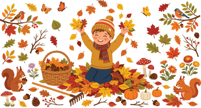 Happy cartoon boy playing in yellow autumn leaves pile with squirrels forest elements set vector illustration banner for seasonal concepts