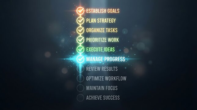 Successful project management checklist with glowing checkmarks and inspirational goals like establishing goals planning strategy and achieving success on dark background