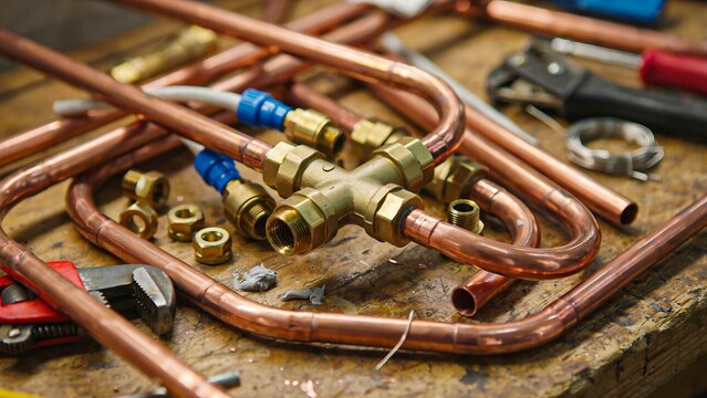 Copper plumbing pipes and brass fittings arranged with professional installation tools
