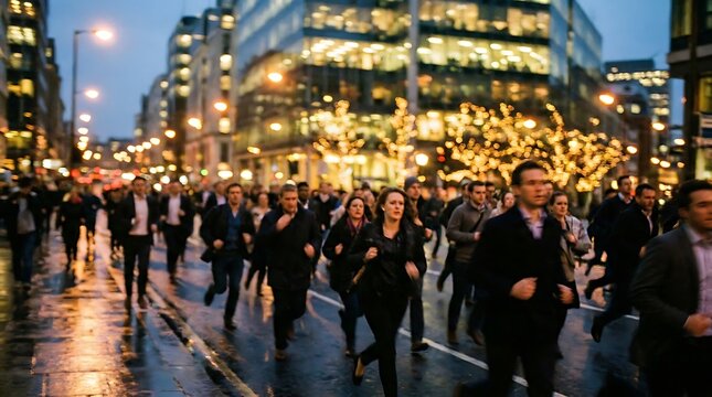 Urban chaos as a crowd of people running scared through a city street at dusk
