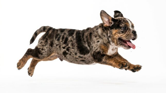 Cute merle french bulldog puppy jumping on white background