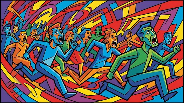 Colorful abstract illustration of people running scared in panic