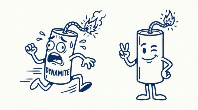 Hand drawn dynamite stick characters contrasting panic and calm