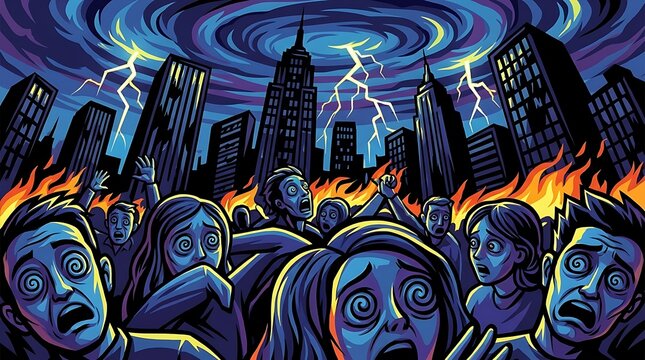 A chaotic scene of people running scared through a burning city skyline during a lightning storm
