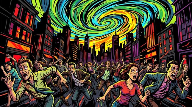 Panic-stricken crowd of people running scared from a swirling colorful cosmic vortex in a city