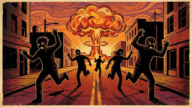 Stylized illustration of terrified people running scared from a massive nuclear explosion in a city street during an apocalypse