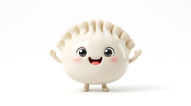 A cute, happy, cartoon-style dumpling character with rosy cheeks and raised arms on a white background.