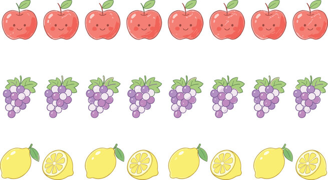 Cute fruit borders vector set featuring rows of smiling red apples purple grape bunches whole yellow lemons and fresh citrus slice