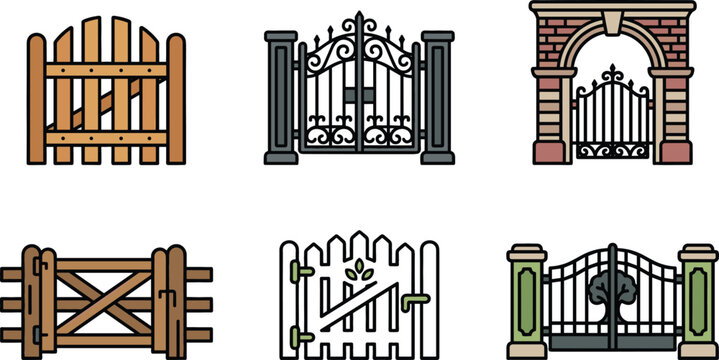 Gate and Entrance Icon Set Featuring Wooden Picket Gate Wrought Iron Security Gates Brick Archway and Country Farm Gate Vector Graphic Elements