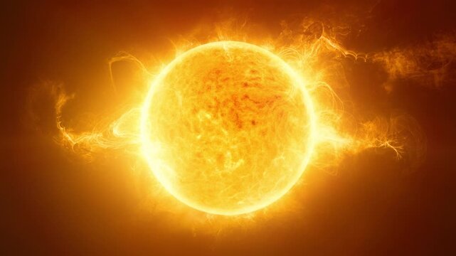 Solar plasma animation of the sun surface and erupting solar flares in dark deep space in 4K Ultra HD footage.
