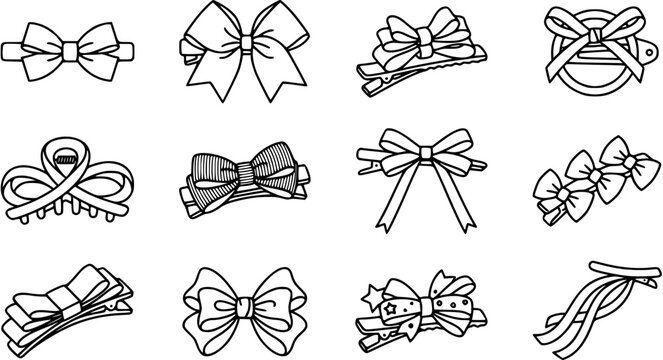 Black and White Line Art Set of Fashion Hair Accessories: Bows, Hair Clips, and Barrettes Doodles