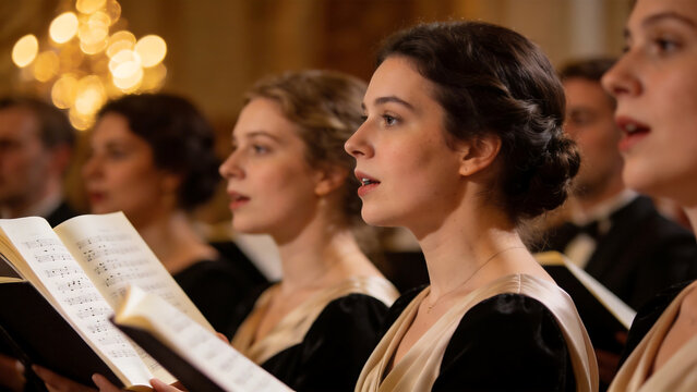 Choir members singing with sheet music