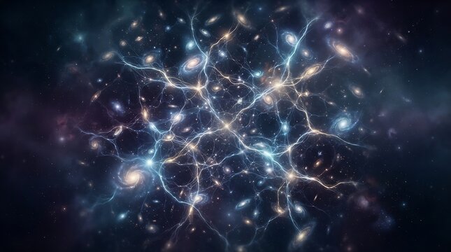 Cosmic web structure connecting galaxies and nebulae in deep space, representing the universe's interconnectedness and vastness.