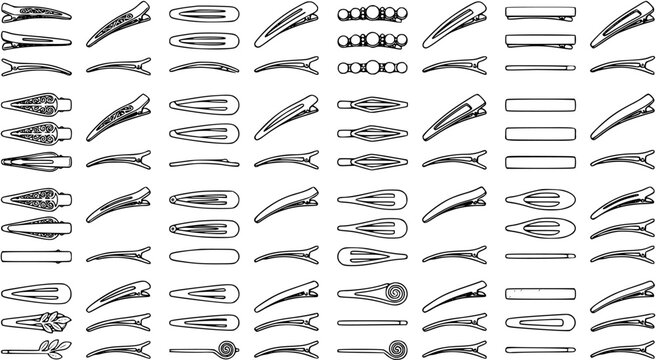 Fashion and Beauty Hair Care Accessories Set. Black and White Line Art Icons of Various Hair Clips, Barrettes, Bobby Pins, and Hairpins for Styling.