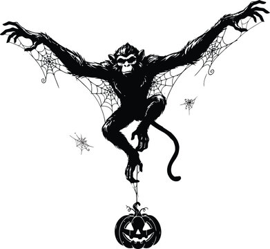 Black silhouette of a monkey with spiderweb wings holding a jack o lantern