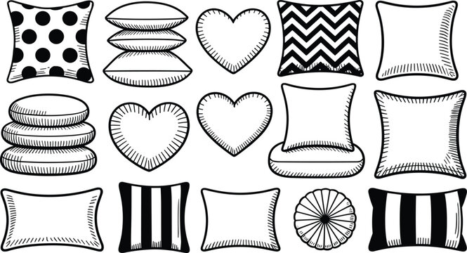 Black and white decorative pillow icon set featuring hand drawn vector sketches of sofa cushions throw pillows hearts and geometric patterns