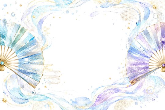 左右の扇子と流れるような水流が周囲を彩る和風の水彩風フレーム