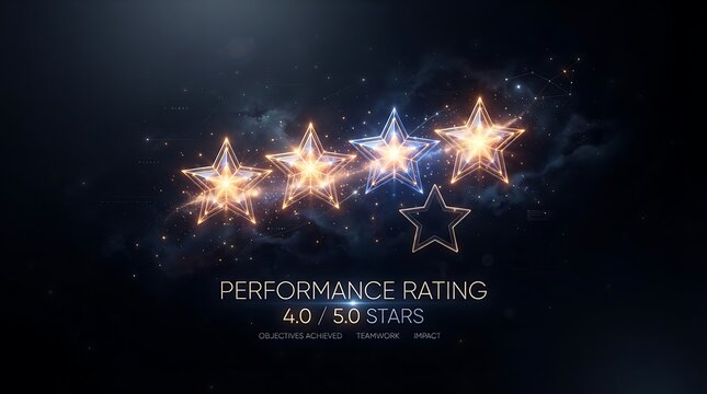 Four glowing stars out of five representing excellent performance rating with sparkling light effects on a dark nebula background