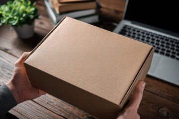 Fototapeta premium Hands holding a cardboard box on a wooden desk
