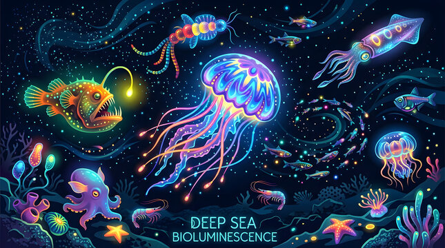 Vibrant bioluminescent marine life featuring glowing jellyfish anglerfish and coral in a deep neon underwater ocean scene