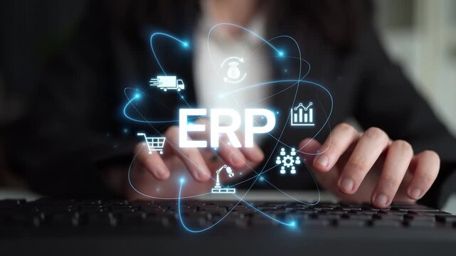 ERP platform visual showing centralized system for enterprise resource planning, improving integration, data flow, business efficiency, finance, inventory, and human resources. Muxer