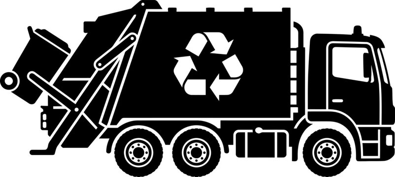 Vector silhouette of a municipal garbage truck featuring a recycling symbol, actively lifting a trash bin for urban waste management and sanitation service.