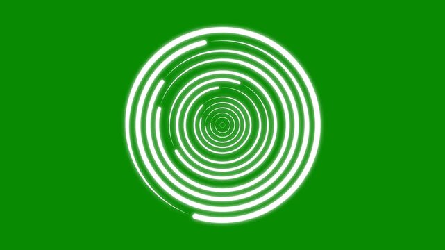 Glowing white neon multi circle concentric radar ring green screen, animation looped hud sci fi futuristic scanning motion graphic overlay video. 4k target ui element tech scope loop transparent